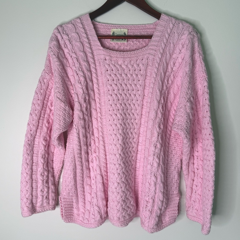 Carraig Donn Pink Cable Knit 100% Cotton Crewneck Sweater Size Small